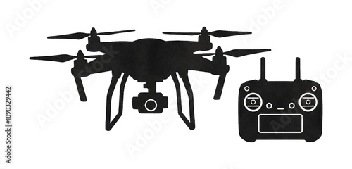 Black silhouette of a modern quadcopter drone with a camera and its remote control device