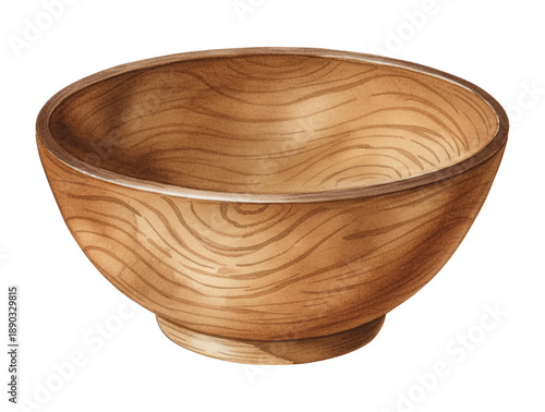 A single brown empty wooden bowl with detailed wood grain texture rendered in a natural art style