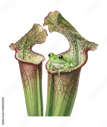 A small green frog sits peacefully inside a colorful pitcher plant botanical illustration