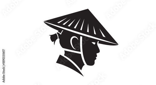 A serene silhouette of a person wearing a traditional hat, captured in a minimalist illustration from a side viewpoint.