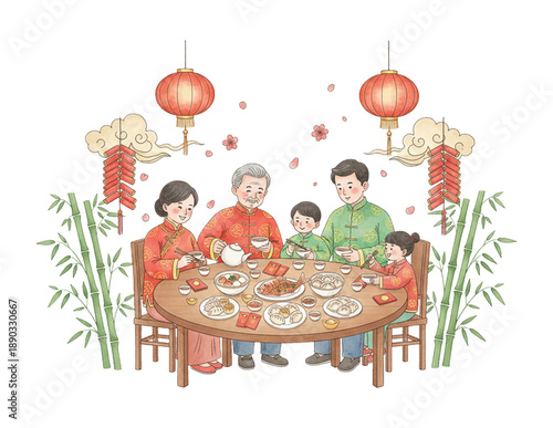 Happy Asian family enjoying a festive Chinese New Year meal with traditional clothing lanterns and firecrackers