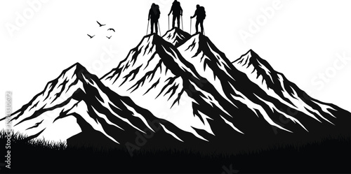 Silhouette hikers standing on high mountain peaks with flying birds symbolizing achievement teamwork adventure freedom and outdoor success journey