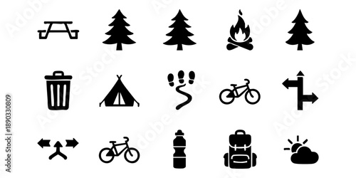 Camping icons set on white background, featuring outdoor activities and symbols for hiking and adventure
