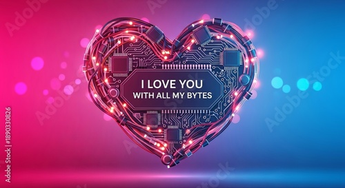 Heart shaped circuit board with wires and text I love you with all my bytes. Digital love and technology concept for Valentines Day.