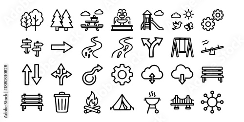 Collection of simple icons representing outdoor activities and elements in a park setting viewed from above.