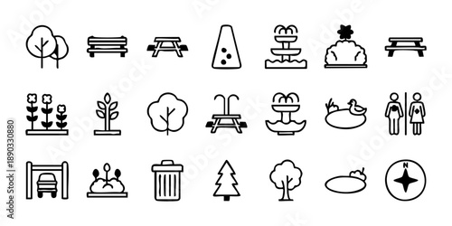 Collection of Simple Line Icons Representing Various Park Elements and Activities from a Direct Viewpoint