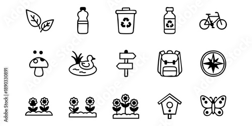 Collection of black and white icons representing eco-friendly practices and outdoor activities on a clean white background viewed from directly above