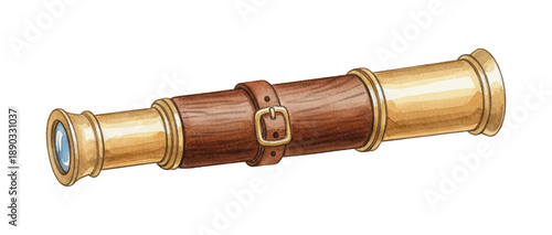 Vintage Brass Spyglass Telescope with Brown Leather Strap and Golden Buckle on White Background Detailed Illustration