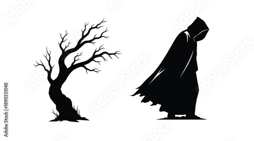 A dark figure stands beside a bare tree a striking silhouette