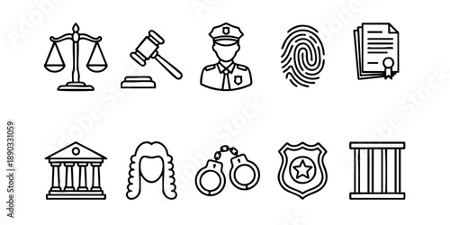 Collection of icons representing justice, law enforcement, and legal documents, displayed in a grid layout, viewed from directly above