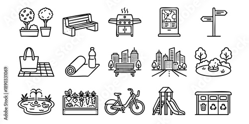 Collection of urban elements and activities icons in a grid layout outline style