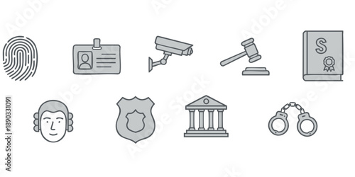 Collection of grayscale icons representing law enforcement and justice symbols displayed on a clean white background from a straightforward viewpoint