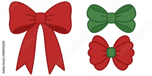 Collection of decorative bows in red and green colors on white background displayed from a straightforward viewpoint as graphic illustrations