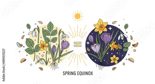 Spring equinox symbol with blooming flowers and leaves on white background