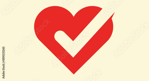 Red Heart with Checkmark Symbol on Beige Background.