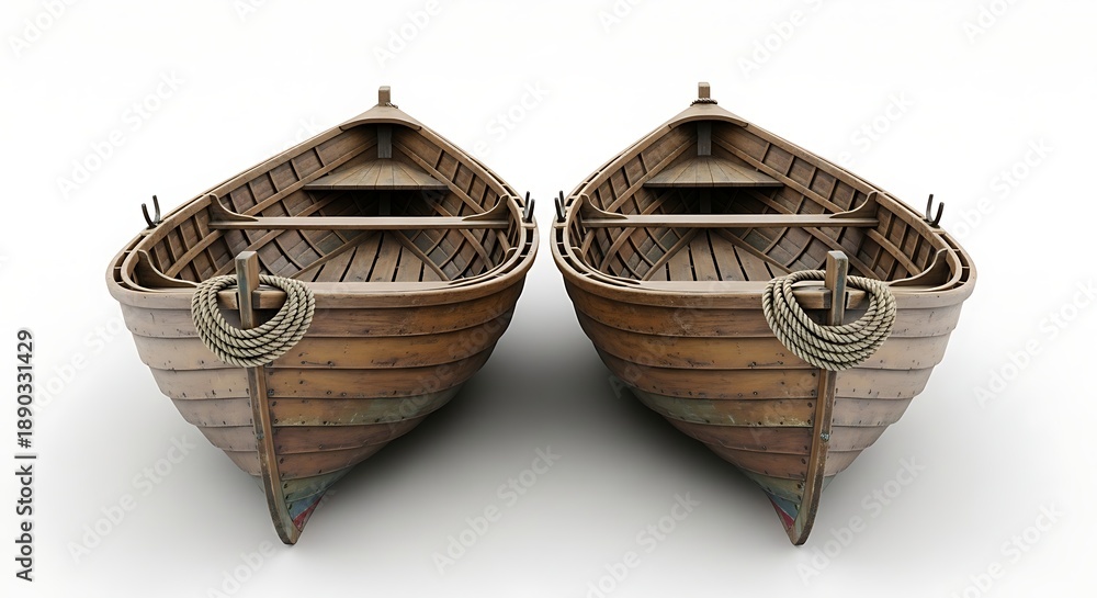 Obraz premium Two empty wooden rowboats tied together, facing forward on a white background