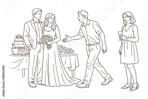 Line art illustration of a wedding celebration. The bride and groom stand together smiling, with the bride holding a bouquet