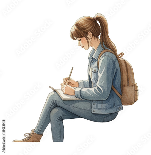 Young woman sitting on a bench drawing in a notebook inside a peaceful sunlit greenhouse full of plants