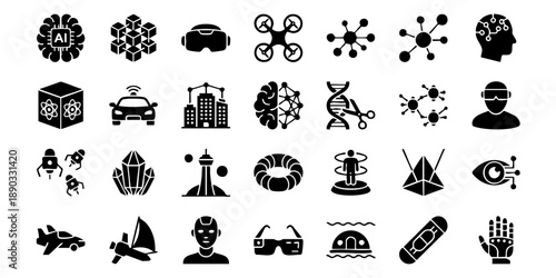 Collection of various icons representing technology and science concepts displayed in a grid on a simple background
