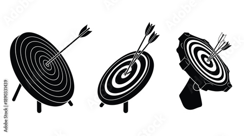 Three targets with arrows varying angles black and white silhouette