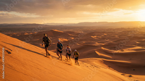 Climbing four runners scaling sand dune in desert at sunset, wearing running gear, copy space
