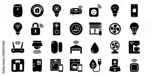 Collection of black icons representing various technology and smart home devices displayed on a clean white background from a straightforward viewpoint