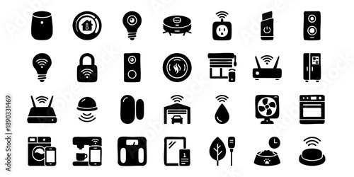 Collection of modern black icons representing various technology and household appliances on a clean background