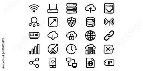 Collection of simple line icons representing technology and data concepts in a grid layout