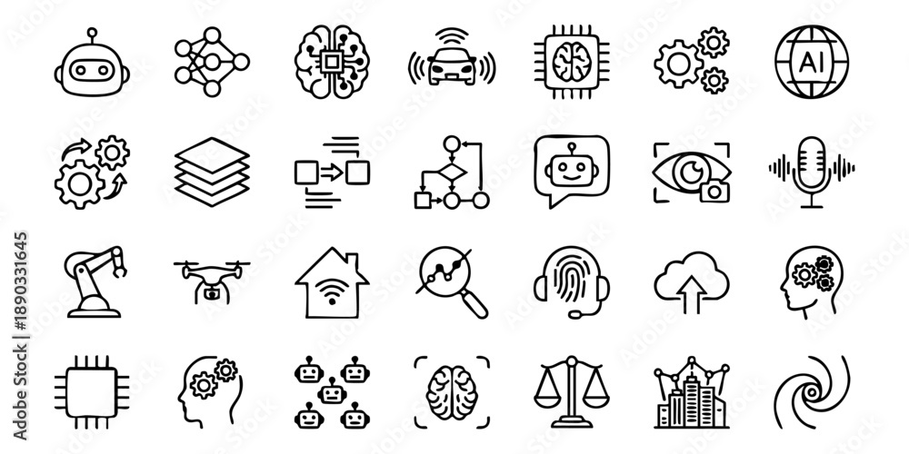 Fototapeta premium A collection of simple icons representing technology and innovation on a clean white background viewed from directly above