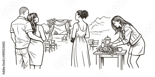 Outdoor wedding ceremony preparation with guests, African American couple, vector illustration
