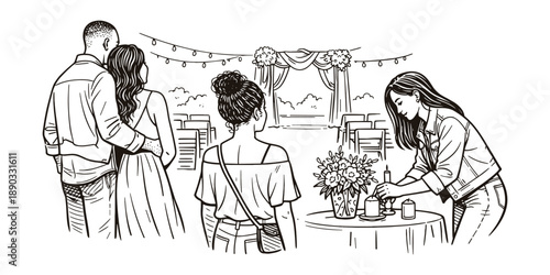 African American couple watching outdoor wedding setup, vector illustration