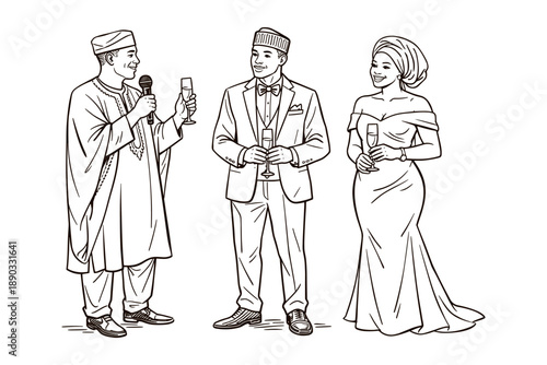 African wedding speech and toast celebration, traditional attire, vector illustration