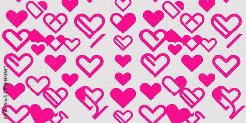 A vibrant pattern of hot pink hearts and outlines on a clean white background, viewed from directly above, showcasing a lively illustration
