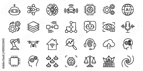 A collection of simple icons representing technology and innovation on a clean white background viewed from directly above