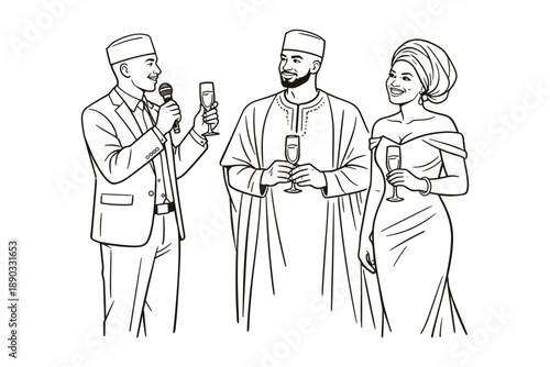 African wedding reception with toast and traditional clothing, vector illustration