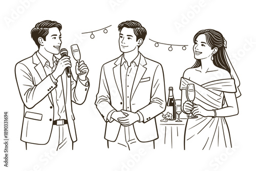 Wedding reception speech with bride and groom listening, vector illustration