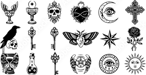 Mystic Tattoo Design Sacred Symbols Black Silhouette