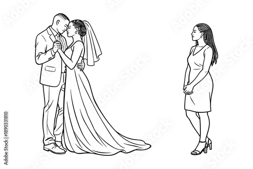 African American wedding couple dancing with guest watching, vector illustration