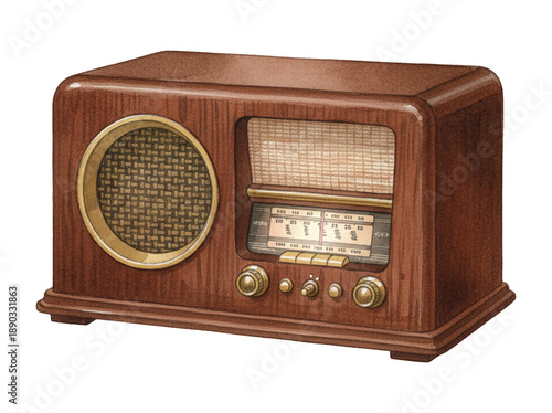 A classic vintage wooden radio with an antique design featuring a speaker dial and knobs