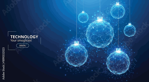 "Futuristic Digital Ornaments Depicted as Glowing Spheres, Hanging Against a Deep Blue Background, Representing Technology, Innovation, and the Intersection of Art and Science in a Modern Holiday Them