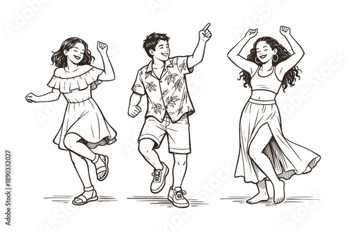 Multiracial teens dancing at beach party, vector illustration