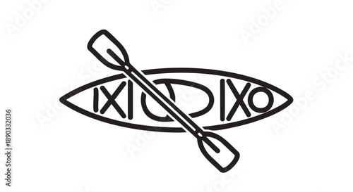 Simple black line illustration of a kayak with oars on a plain background from a top view