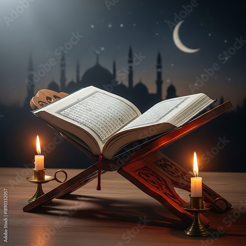 A serene nighttime scene with an open quran and candles