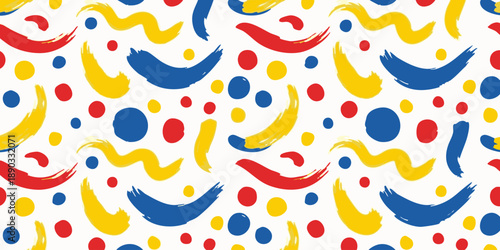 Vibrant abstract pattern featuring banana shapes, dots, and swirling lines in red, blue, and yellow on a white background, viewed from directly above