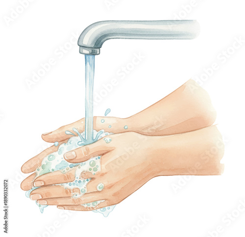 Person washing hands thoroughly under running water with soap bubbles for hygiene and cleanliness