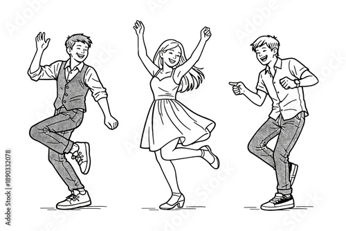 Group of teenagers dancing and having fun, vector illustration