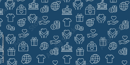 Collection of White Icons Representing Charity and Donation on Blue Background from Aerial View