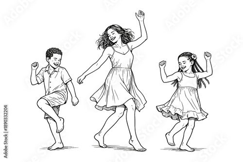 African American mom and kids dancing barefoot, vector illustration