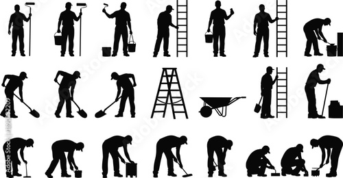 Collection of Professional Male Worker Silhouettes Featuring Painters with Rollers Construction Laborers with Shovels and Handymen Using Ladders for Home Renovation and Industrial Service Branding