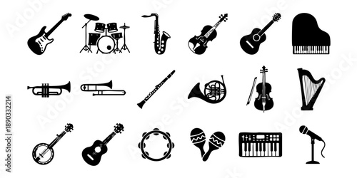 Collection of various musical instruments icons displayed in a grid arrangement viewed from a straightforward perspective